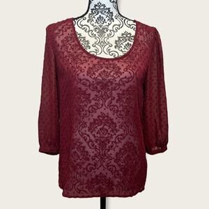 UO pins & needles swiss dot 3/4 sleeve sheer split back blouse maroon size M